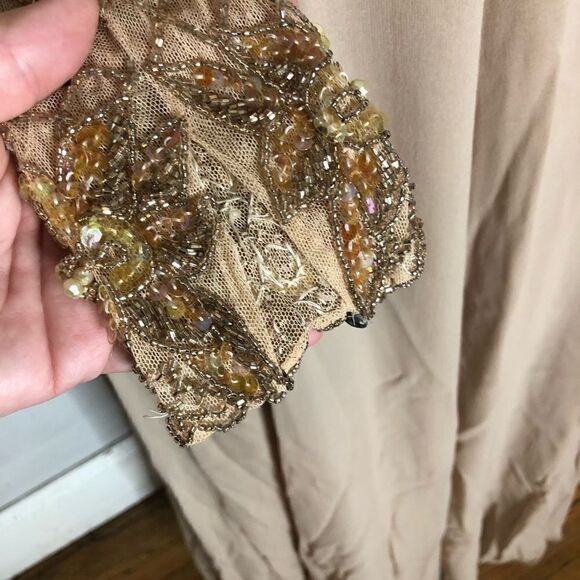 Jovani Evening Long Sleeve Beaded Illusion Beige Gatsby Deco Formal Keyhole Gown - Picture 5 of 15